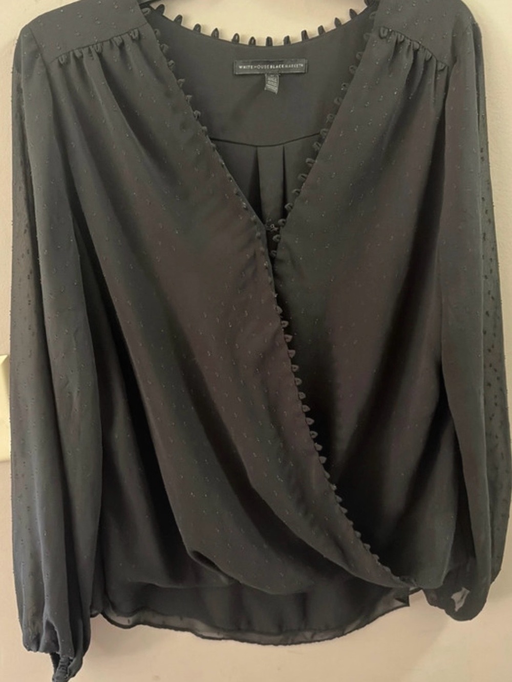 White House Black Market Black Textured Long-Sleeve Wrap Blouse
